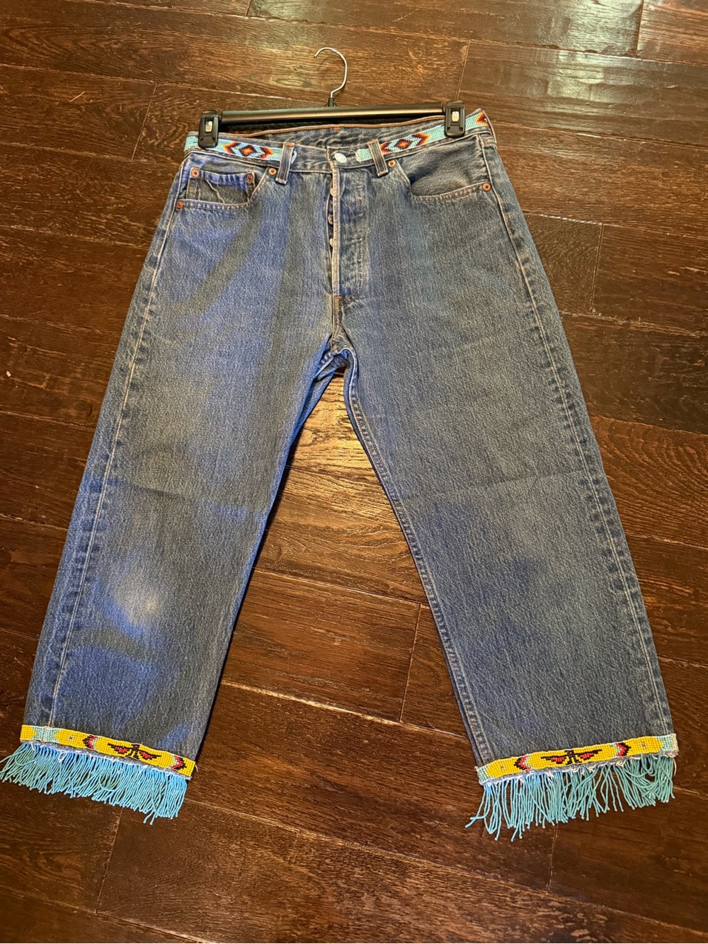 Levi's Blue Cropped Jeans Buzz 18 Vintage Rare with Turquoise & Yellow Trim